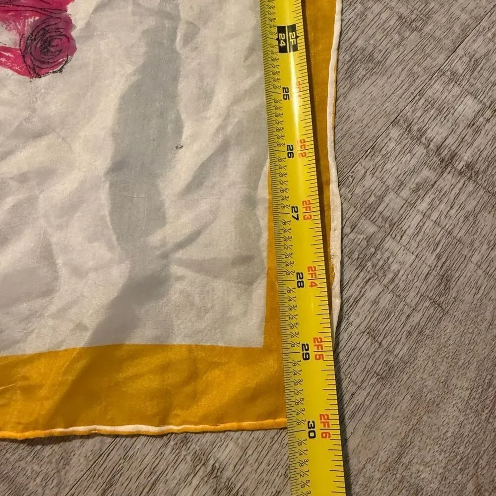 Printed Japan Yellow Silk Scarf Floral Rose Paint Art Yellow White Artist VTG